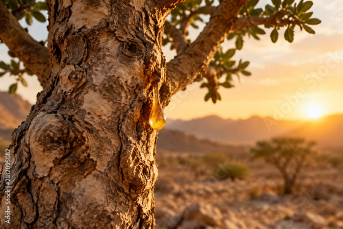 A single Boswellia tree trunk in the desert with a drop of golden resin at sunset.