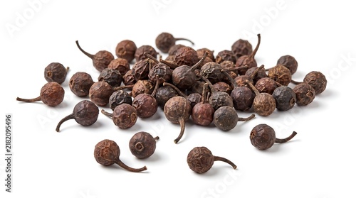 Dried cubeb berries with stems on a white background.