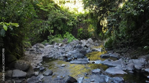 Aerial Footage of a Rocky River with Pristine Waters Flowing Between Dense Forest Trees Covered with Moss and Vines in Indonesia. Tropical and Natural River Rocks Create a Serene Wilderness Scenery.