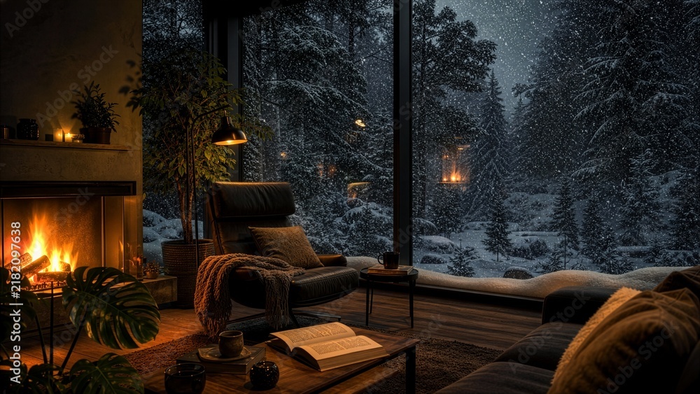 Fototapeta premium Cozy living room with fireplace overlooking snowy forest outside