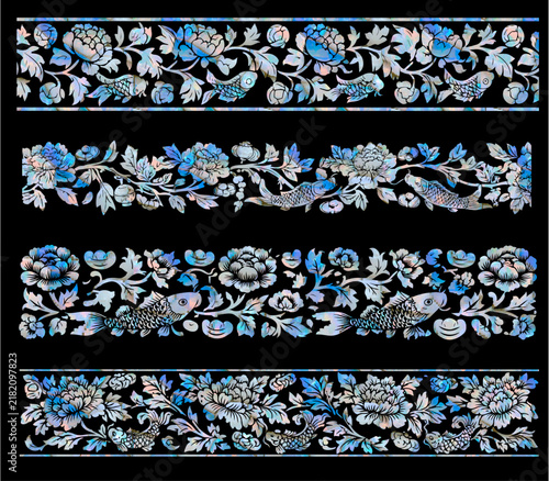 Mother of pearl traditional blue peony flowers and carp fish decorative borders set