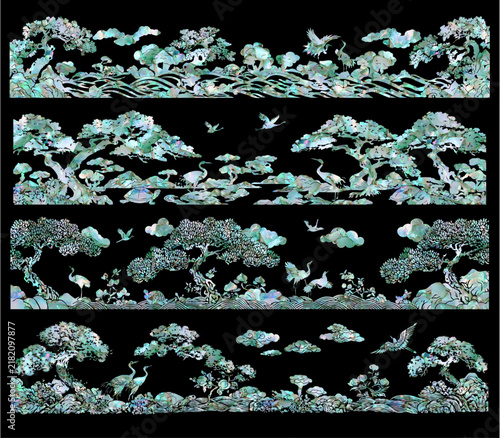 Mother of pearl traditional ten longevity symbols landscape decorative borders set