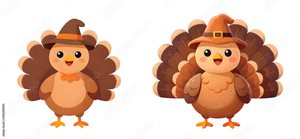 Obraz premium Cute Thanksgiving Turkey Cartoon: Adorable cute Thanksgiving turkey cartoon decoration, warm autumn palette, round fluffy turkey with tiny orange feet, cheerful friendly expression, PNG cut out
