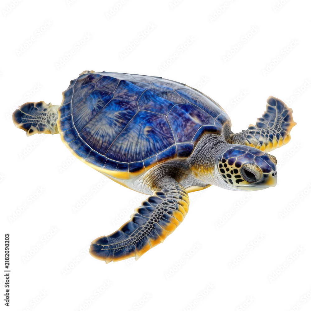 Fototapeta premium Small swimming sea turtle isolated on white background with marine turtle