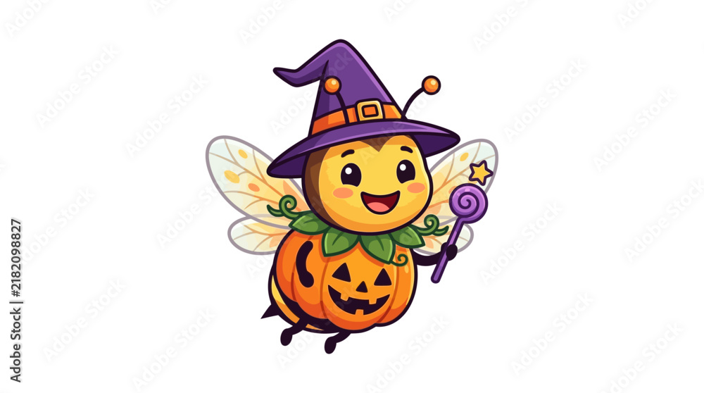 Fototapeta premium Cute Halloween Bee Witch with Pumpkin Body and Magic Wand