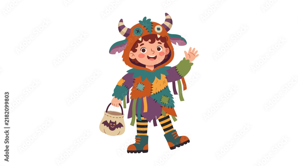 Naklejka premium Child in Cute Monster Costume Waving with Candy Bag