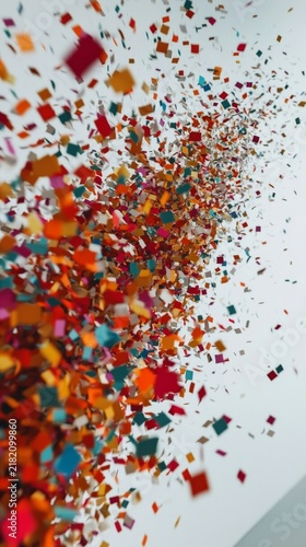 Explosion of colorful square confetti pieces raining down against a light gray, creating a festive atmosphere