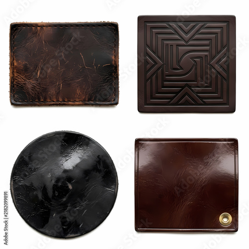 Assortment of leather pieces displaying diverse textures and geometric patterns including square and circular shapes suitable for fashion crafting projects requiring premium durable natural