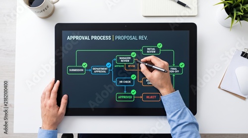of hands using stylus on tablet displaying approval process flowchart, project management workflow, business proposal review, decision making diagram, organizational structure