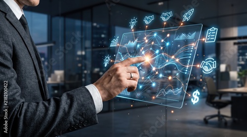 Businessman touching futuristic holographic interface screen with digital data icons, networking connection, global strategy, innovation technology, financial growth chart