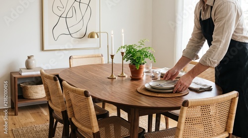 Man setting elegant round wooden dining table with rattan chairs, candles and plant for dinner party, interior design, lifestyle, home decor, hospitality service, preparing meal
