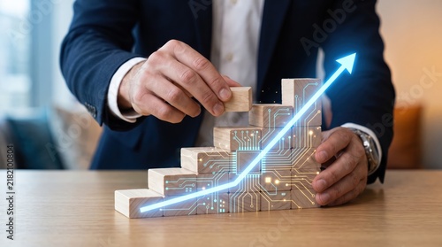 Businessman hand placing wooden block on staircase structure with glowing digital circuit pattern and rising blue arrow, symbolizing technological growth and innovation