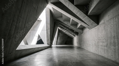 Abstract brutalist concrete architecture interior featuring geometric shapes and dramatic light shadows, modern minimalist building structure with triangular forms and grey texture