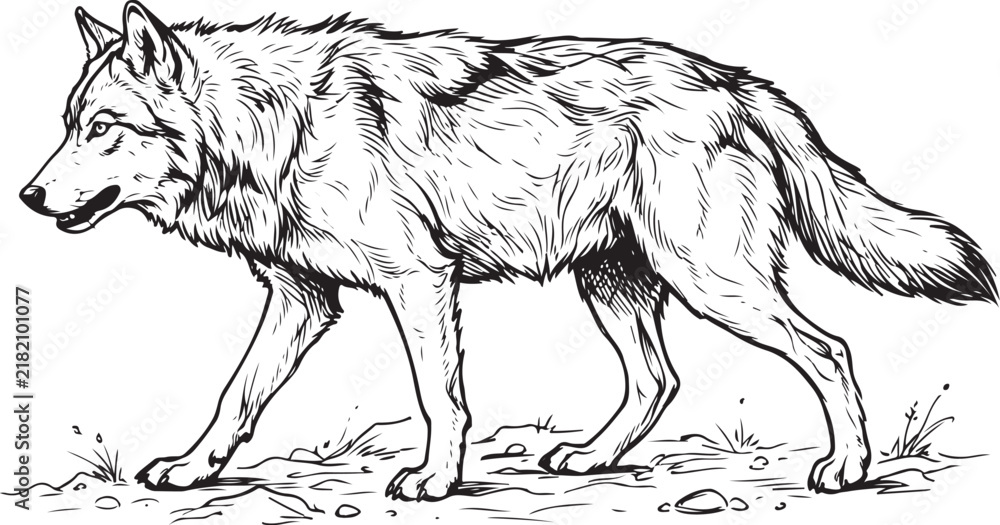 Obraz premium Detailed Black And White Wolf Illustration Showing Wildlife, Nature, And Animal Sketch