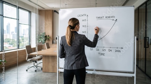 Professional business woman drawing exponential growth curve on whiteboard marker, target achieved annotation, quarterly timeline Q1 to Q4 2024 axis, corporate strategy meeting