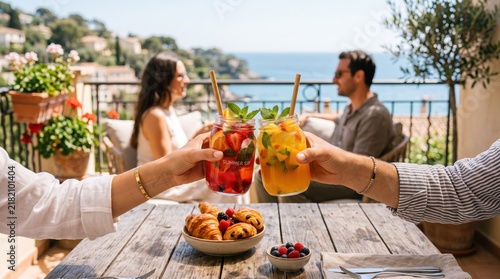 Friends toasting with colorful summer fruit cocktails and enjoying fresh pastries on a rustic wooden table at a sunny seaside terrace, with a couple relaxing and a beautiful ocean