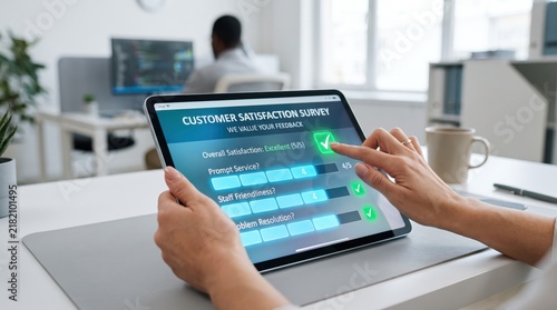 of hands using tablet for customer satisfaction survey, checking excellent rating boxes, digital feedback form interface, business service quality assessment, positive user