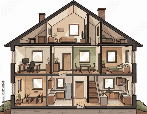 Cross-Section View of a Detailed Multi-Story House Interior Illustration