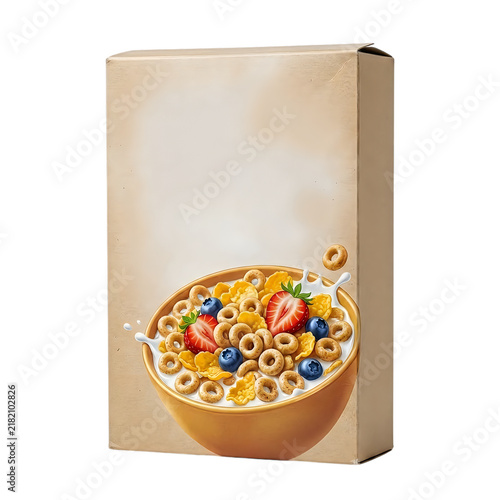 Blank cardboard cereal box with a bowl of fruit and milk isolated on transparent background