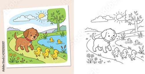 Obraz na płótnie Cute Puppy and Ducklings Coloring Book Page with Colored Example Outline Vector