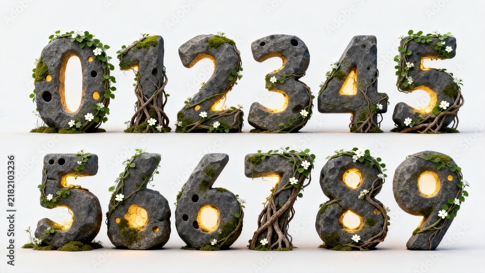 Obraz premium Stone texture numbers 0 to 9 with moss vines and white flowers on white background, natural fantasy 3D typography with inner warm glowing light design.