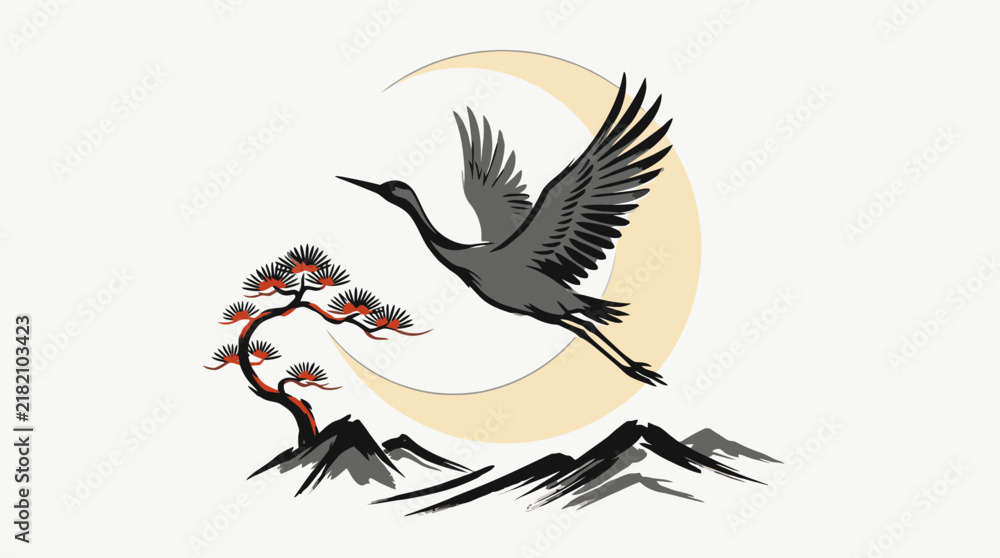 Obraz premium Traditional oriental ink painting of a flying crane bird with moon pine tree and mountains. EPS Editable