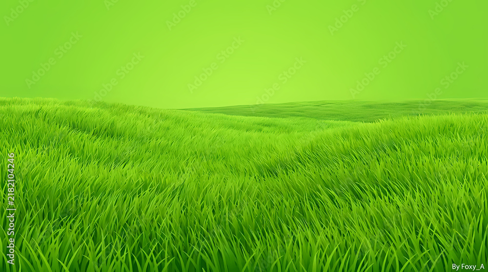 Obraz premium Lush vibrant green grassy field stretching across a rolling landscape under a soft summer sky featuring stylized textures and bright neon hues captured in a wide digital angle to highlight the fresh n