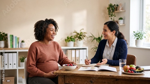 Pregnancy Nutrition Consultation: A pregnant woman smiles warmly during a nutrition consultation with a professional, discussing healthy eating habits.