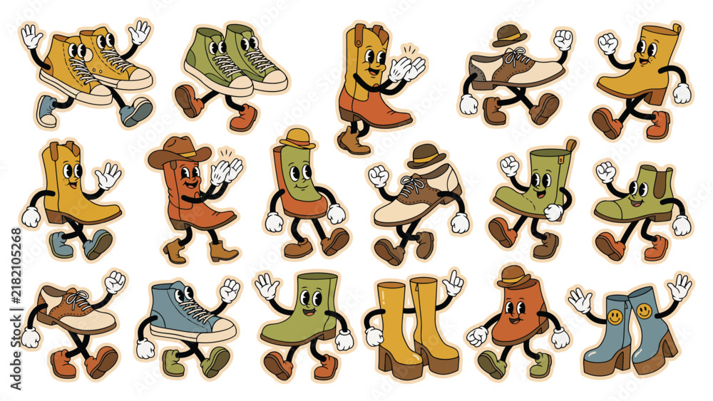 Obraz premium Set of cute cartoon shoes and boots characters dancing in retro 1930s rubber hose animation style