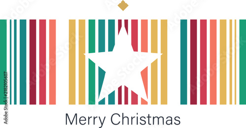 Merry Christmas greeting card design with a white star and colorful vertical stripes
