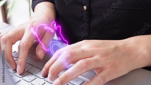 Expense tracking. Close-up of a professional woman interacting with her computer, featuring a virtual icon of a piggy bank and a magnifying glass.