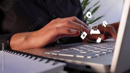 Close-up of a professional woman's hands using a computer, featuring an animation of an elderly woman icon alongside health and home icons. Financial and health planning for seniors.