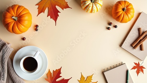 Cozy autumn flat lay with pumpkins, warm knitted blankets, coffee, maple leaves and cinnamon on a light background. Seasonal fall composition with copy space for text, banners and designs
