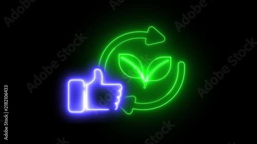 Neon green plant in circular arrow, blue thumbs up