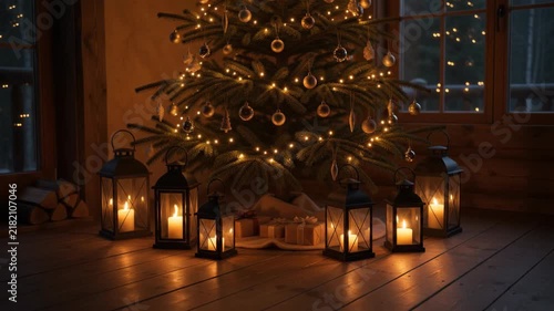 Cozy Christmas home interior featuring a decorated glowing fir tree and vintage lanterns with burning candles on a wooden floor at night.