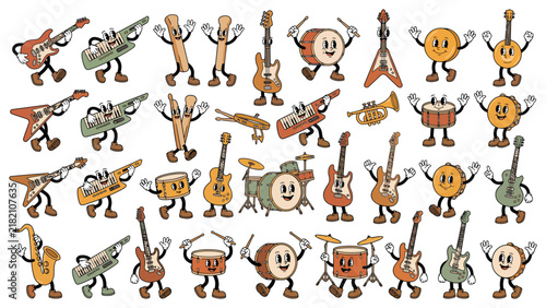 Groovy 70s musical instrument characters set, retro cartoon band vector illustration.