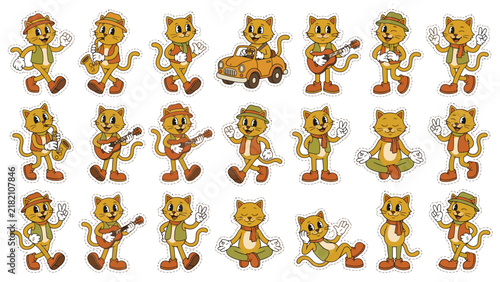 Groovy Retro Cat Sticker Sheet Collection with Musical Instruments and Vintage Vibes