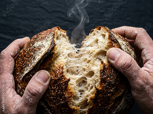 Hands tearing fresh hot sourdough bread loaf with steam rising on dark background