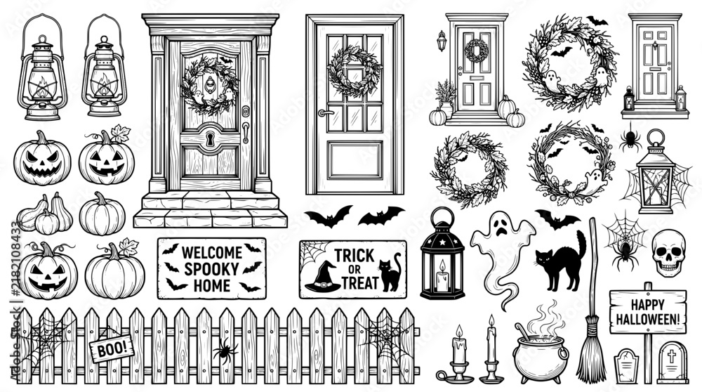 Fototapeta premium Halloween Home Decoration Set with Spooky Doors Pumpkins and Ghosts Line Art