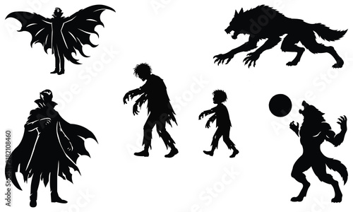 Set of isolated black silhouettes depicting mythical monsters including vampires zombies and a werewolf in various poses.