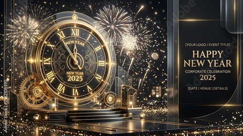 Luxury New Year Golden Clock Midnight Countdown Stage with Fireworks and Golden Confetti Sparkles