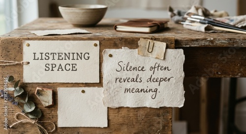 Handwritten Quotes on Rustic Wooden Board with Journal and Bowl