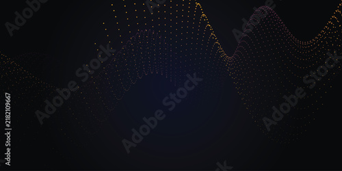 Abstract gold particle wave on black background. Digital flowing dots vector. Futuristic technology data visualization.