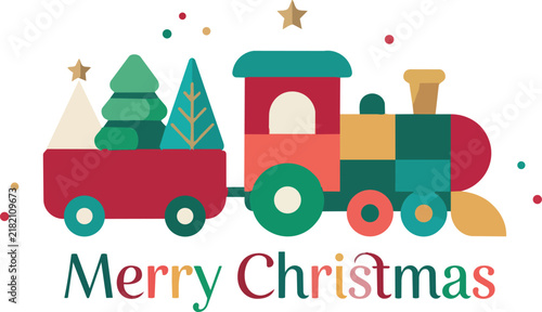 Christmas train illustration with pine trees and Merry Christmas holiday greeting text.