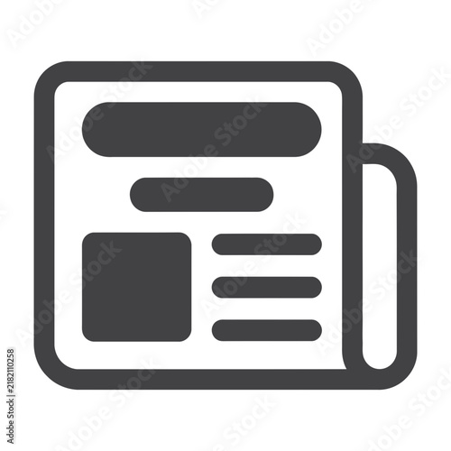Newspaper icon with dark gray lines and shapes on white background symbolizing media