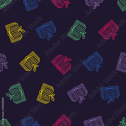 Colorful open books with leaves pattern on dark background.