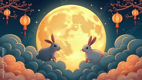 Cute digital illustration of two adorable rabbits sitting together on fluffy clouds under a large glowing full moon, surrounded by traditional red lanterns and decorative branches against a dark blue 