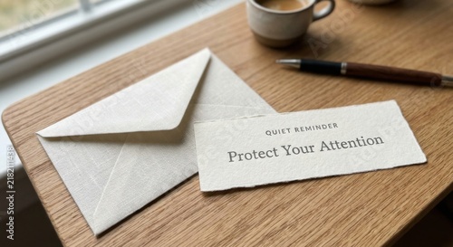 Obraz w ramie Quiet Reminder Note Beside Linen Envelope with Coffee and Pen on Wooden Desk