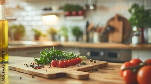 Fresh tomatoes and herbs seasoned with peppercorns on a wooden cutting board in a warm, softly lit kitchen environment