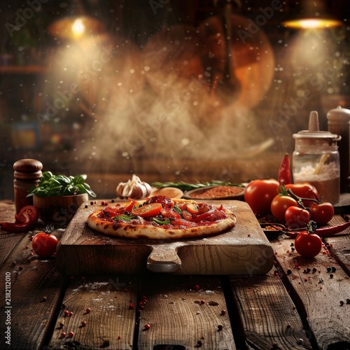 Freshly baked pizza with tomatoes and basil sits on a rustic wooden table, illuminated by warm light